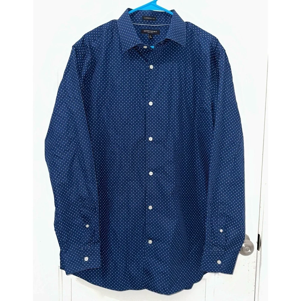 Banana Republic Button Up Shirt Mens Navy Blue Polka Dot Non Iron Shirt